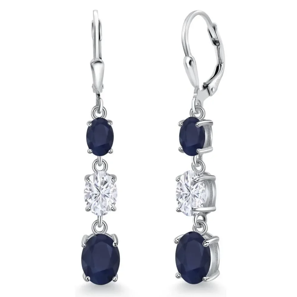 925 Sterling Silver with 6.51 Cttw 3 Stone Blue Sapphire and Moissanite Earrings